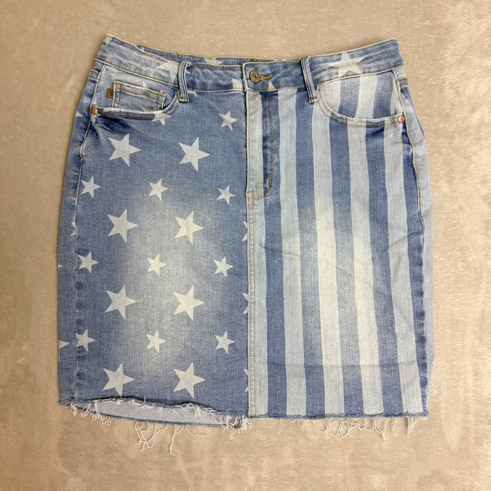Judy Blue MD Denim Mini Skirt Women XL Blue Americana Patriotic Stars Stripes EC